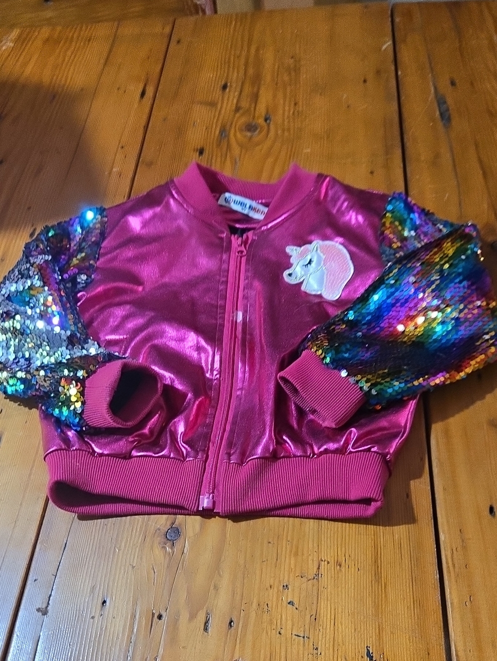 Welaken Sz 4y Girls' Pink Sequin Sleeve Unicorn Bomber Jacket - Kids Costume